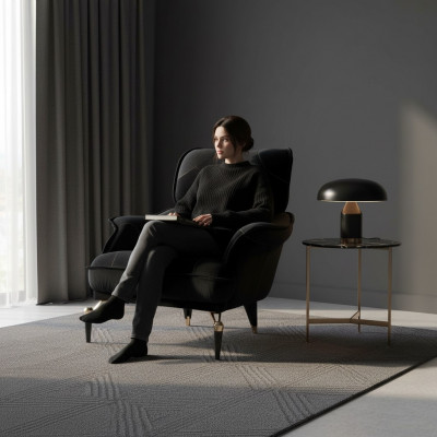 Perfect zachte fauteuil voor de woonkamer in zwart, gloednieuw luxe meubilair textiel.