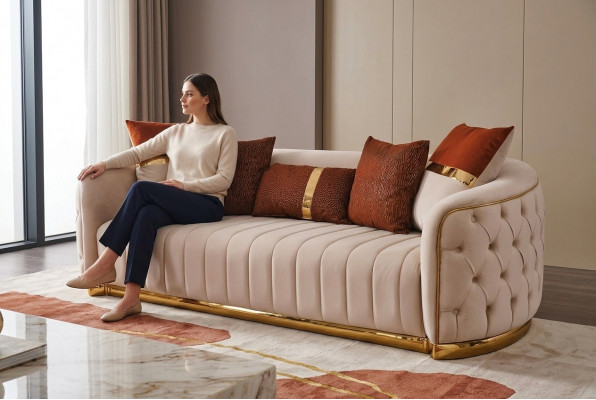 Beige textiel driezits Moderne designer luxe bank Chesterfield beige