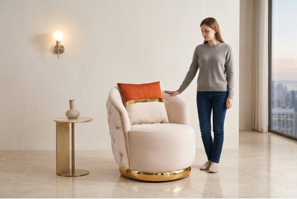 Ontwerp fauteuil luxe beige Relax fauteuil Textiel met roestvrijstalen clubfauteuil