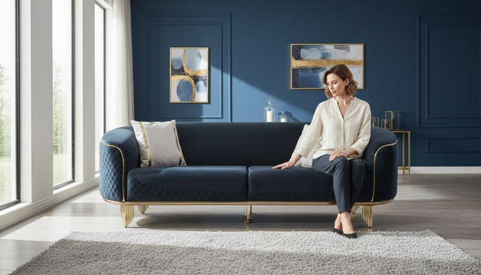 Moderne Nieuwe Bank 3-Zits Gestoffeerde Bank Blauw Textiel Zitmeubel Ontwerp Bank