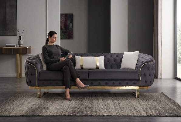 Designer bank 3-zits stof bank gestoffeerde banken design bruin Chesterfield