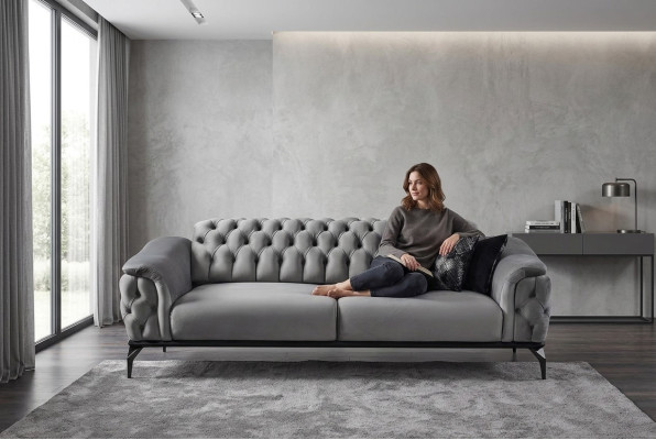 Designerbank 3-zits Chesterfield Bank Stoffen Banken Ontwerp Grijs Zitkussen