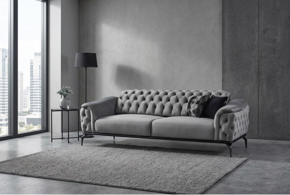 Designerbank 3-zits Chesterfield Bank Stoffen Banken Ontwerp Grijs Zitkussen