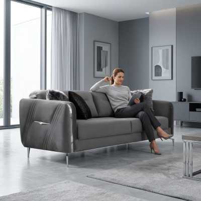 Luxe bankstel met drie zitplaatsen, modern, gestoffeerd met textiel, geschikt voor drie personen, 235 cm lang.