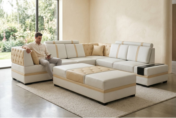 Ontwerper bank Luxe hoekbank met voetenbank stoffen bankstel woonkamer L-vormig.