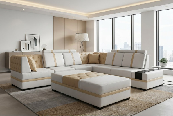 Ontwerper bank Luxe hoekbank met voetenbank stoffen bankstel woonkamer L-vormig.