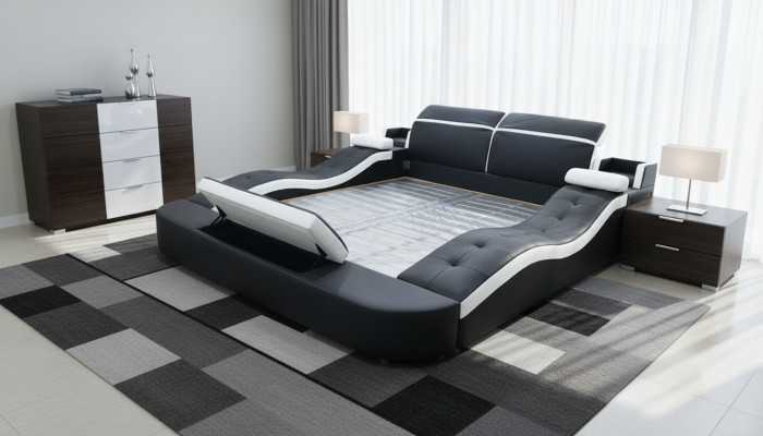 Multifunctioneel bed voor twee personen in een groot hotel met zachte slaapkamermeubilair.