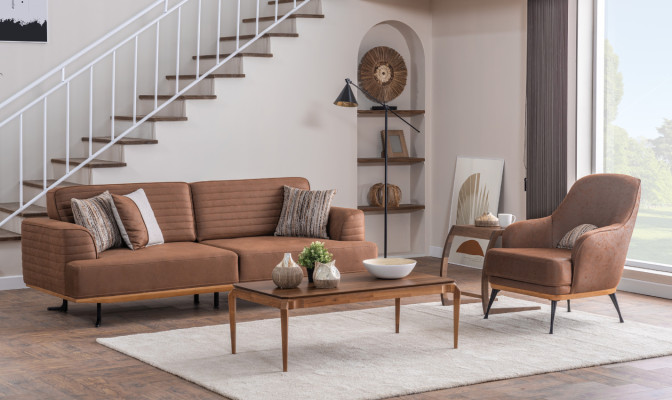 Elegant bruin driezitsbank met modern design voor de woonkamer.