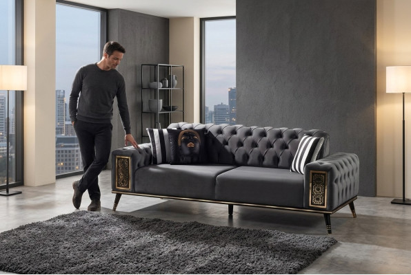 Chesterfield Zwart-Gouden Driezitter Woonkamer Luxe 3-zits Meubel