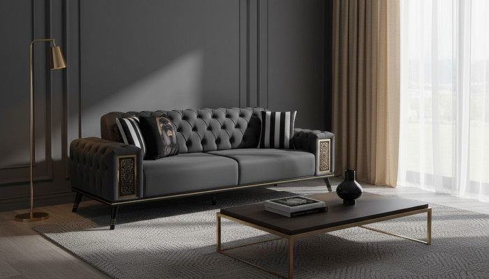 Chesterfield Zwart-Gouden Driezitter Woonkamer Luxe 3-zits Meubel