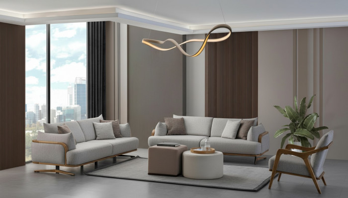 Meubels Woonkamer Lichtkleur Set 2x 3-zitsbanken en fauteuil 3-delig.