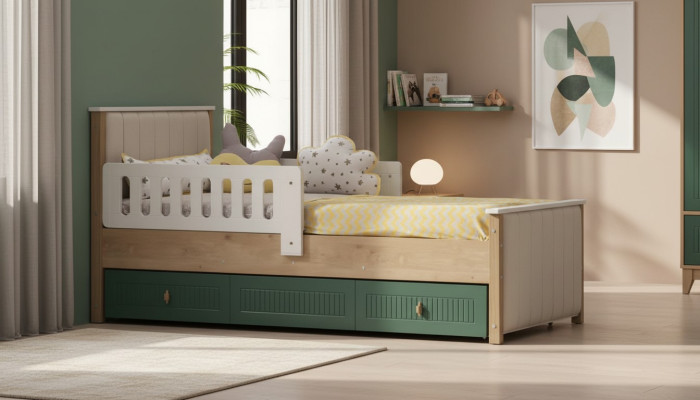Stijlvol kinderbed 200 cm tienerbed hout kinderkamer stof modern