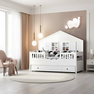 Kinderbed Houten bed Stapelbed Uitschuifbaar Wit Hout Bed 90 x 200