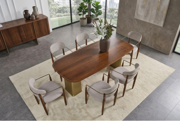 Modern eetkamer set bestaande uit eettafel en 6 stoelen bruin 7-delig.