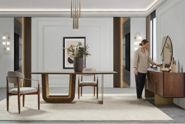 Eetkamerset Moderne eettafel 4 stoelen en dressoir met spiegel 7-delig.