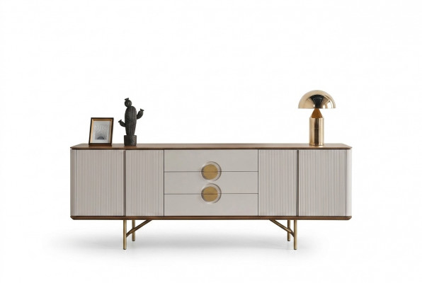 Perfecte eetkamerset bestaat uit beige dressoir en spiegel, 2-delig, nieuw.