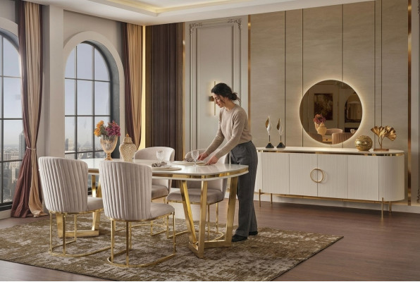 Eetkamer set bestaat uit design eettafel 4x stoelen en dressoir 7 dlg.
