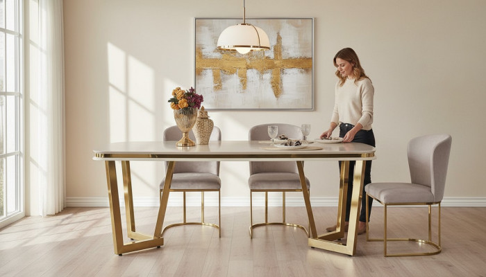 Modern eetkamer set bestaat uit eettafel en 4 stoelen Beige 5-delig.