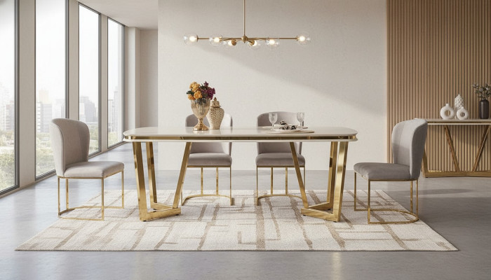 Modern eetkamer set bestaat uit eettafel en 4 stoelen Beige 5-delig.