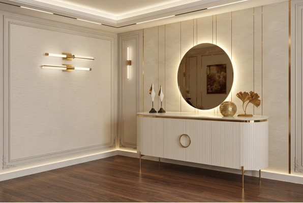 Bestaat uit eetkamerset Bestaat uit beige kleur dressoir en spiegel