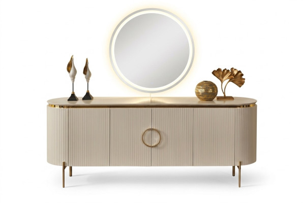 Bestaat uit eetkamerset Bestaat uit beige kleur dressoir en spiegel