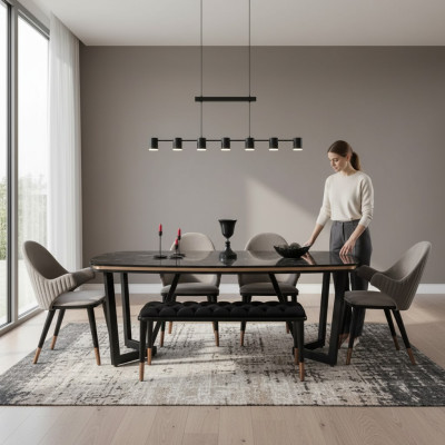 Eetkamerset bestaat uit eettafel + 4 stoelen Zwart kleur 6-delige set.