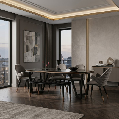 Eetkamerset bestaat uit eettafel + 4 stoelen Zwart kleur 6-delige set.