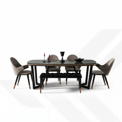 Eetkamerset bestaat uit eettafel + 4 stoelen Zwart kleur 6-delige set.