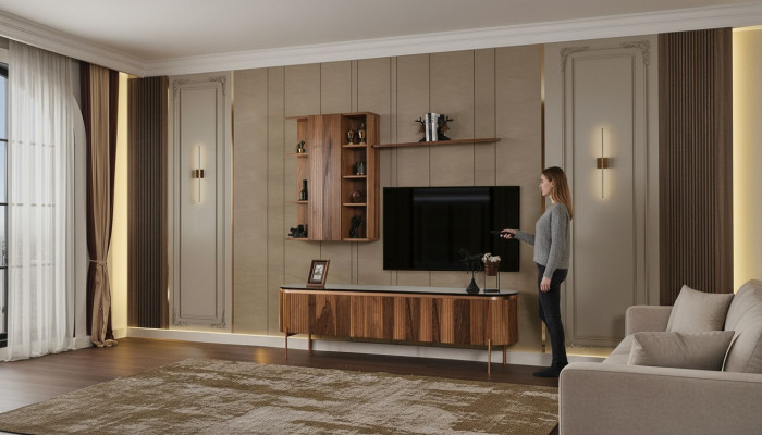 Perfecte woonkamerset bestaande uit bruin tv-lowboard en wandkast.