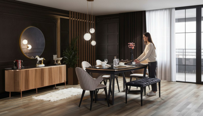 Luxe eetkamerset bestaande uit eettafel, 4 stoelen en dressoir, 7-delig.
