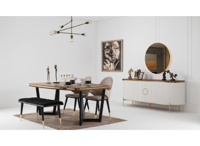 Eetkamerset bestaat uit eettafel 4x stoelen bank dressoir spiegel 8-delig.