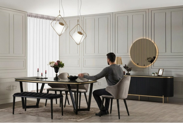 Modern 8-delig eetkamer set Eettafel 4x stoelen Dressoir Spiegel Bank nieuw