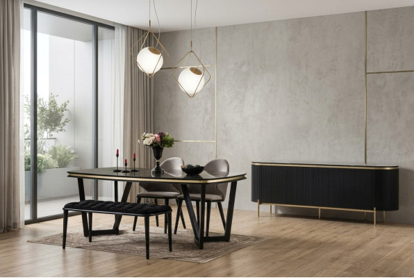 Modern 8-delig eetkamer set Eettafel 4x stoelen Dressoir Spiegel Bank nieuw