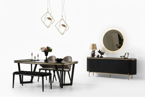 Modern 8-delig eetkamer set Eettafel 4x stoelen Dressoir Spiegel Bank nieuw