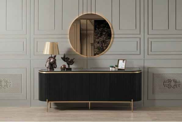 Eetkamerset Modern bestaat uit een zwart dressoir en spiegel, 2-delig.