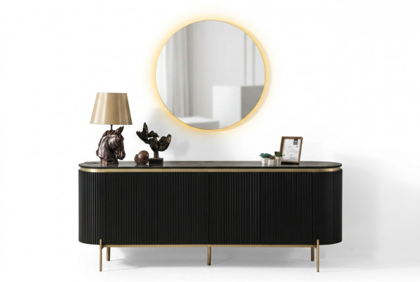 Eetkamerset Modern bestaat uit een zwart dressoir en spiegel, 2-delig.