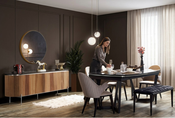 Elegante 8-delige eetkamerset Eettafel 4x stoelen Dressoir Spiegel Bank nieuw