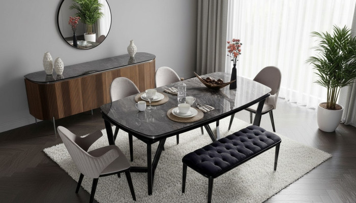 Stijlvolle eetkamerset bestaande uit eettafel, 4 stoelen en bank, 6-delig.