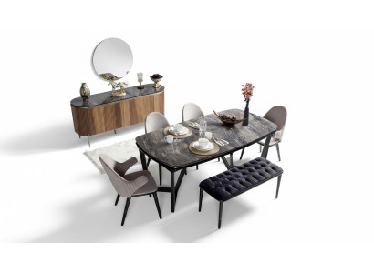 Stijlvolle eetkamerset bestaande uit eettafel, 4 stoelen en bank, 6-delig.