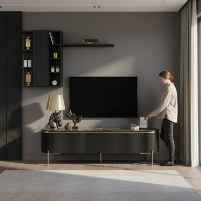 Luxe 2-delige woonkamerset TV-lage kast en wandkast met plank.