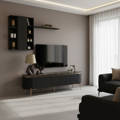 Luxe 2-delige woonkamerset TV-lage kast en wandkast met plank.