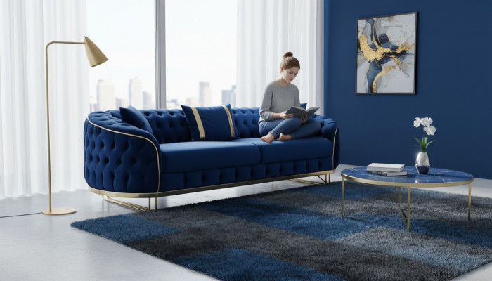 Blauw Chesterfield bankstel Designer woonkamer Driezitsbank Roestvrijstalen meubels