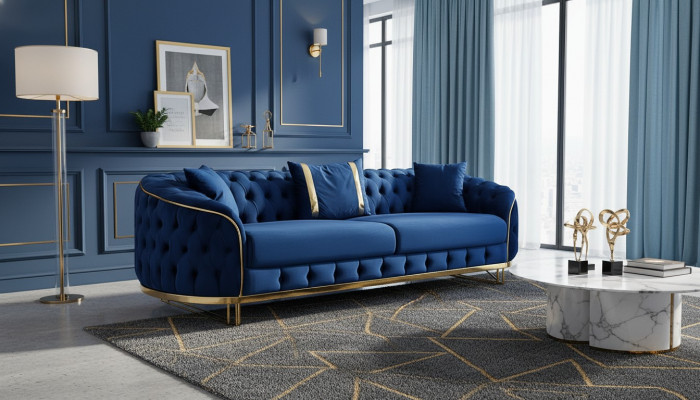 Blauw Chesterfield bankstel Designer woonkamer Driezitsbank Roestvrijstalen meubels
