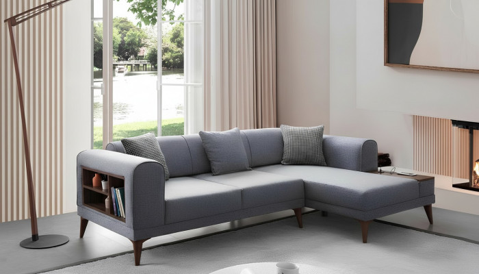 Grijze woonkamer L-vorm bank bekleding hoekbank design woonkamer bank