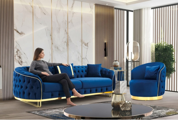 Ontwerper Blauw Kleur Woonkamer Set bestaande uit een 3-zitsbank en een fauteuil 2-delig.
