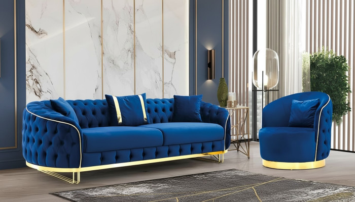 Ontwerper Blauw Kleur Woonkamer Set bestaande uit een 3-zitsbank en een fauteuil 2-delig.