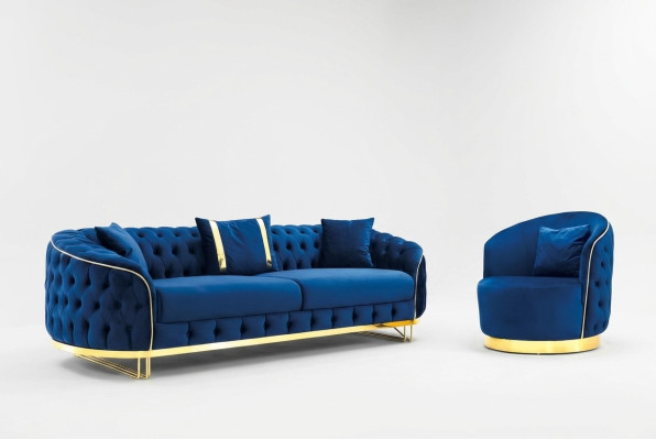 Ontwerper Blauw Kleur Woonkamer Set bestaande uit een 3-zitsbank en een fauteuil 2-delig.