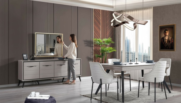Moderne eetkamer houten meubels luxe dressoir spiegel eettafel 6 stoelen
