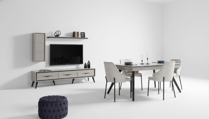 Moderne witte eetkamer set lage kast 6x stoelen eettafel plank 10-delig