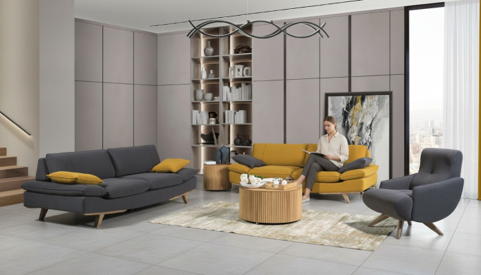 Grijze-gele woonkamer zitmeubels luxe 2x 3-zitsbanken éénzitter 3-delig.